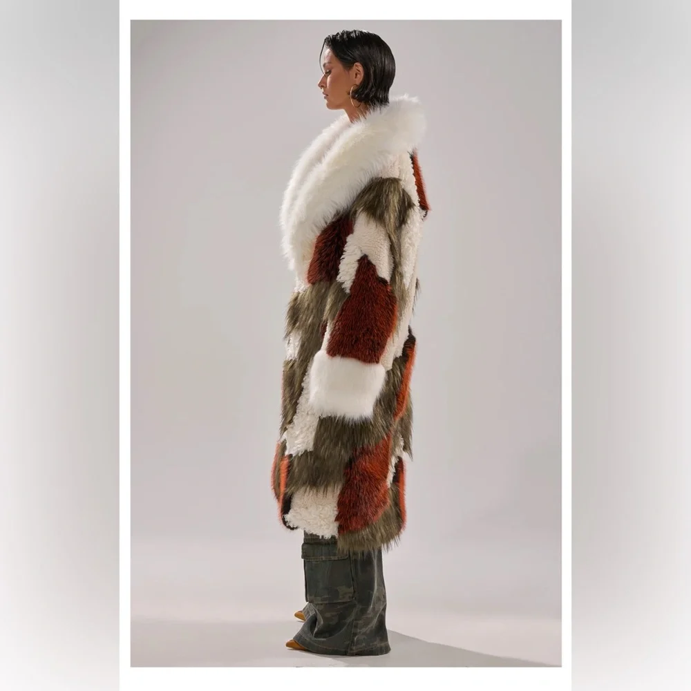 NWT Akira Patchwork Faux Fur Coat in Cream, Olive & Rust    1X /2X - Picture 6 of 12